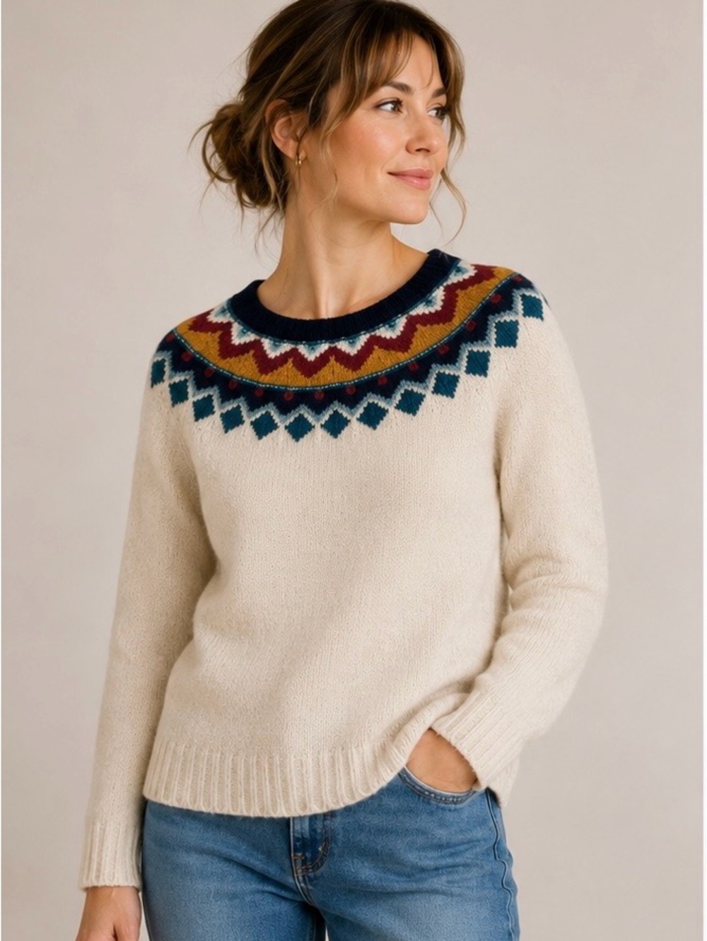 Garnet Hill Fairisle Wool Blend Knit  Long Sleeve Sweater. Size Medium